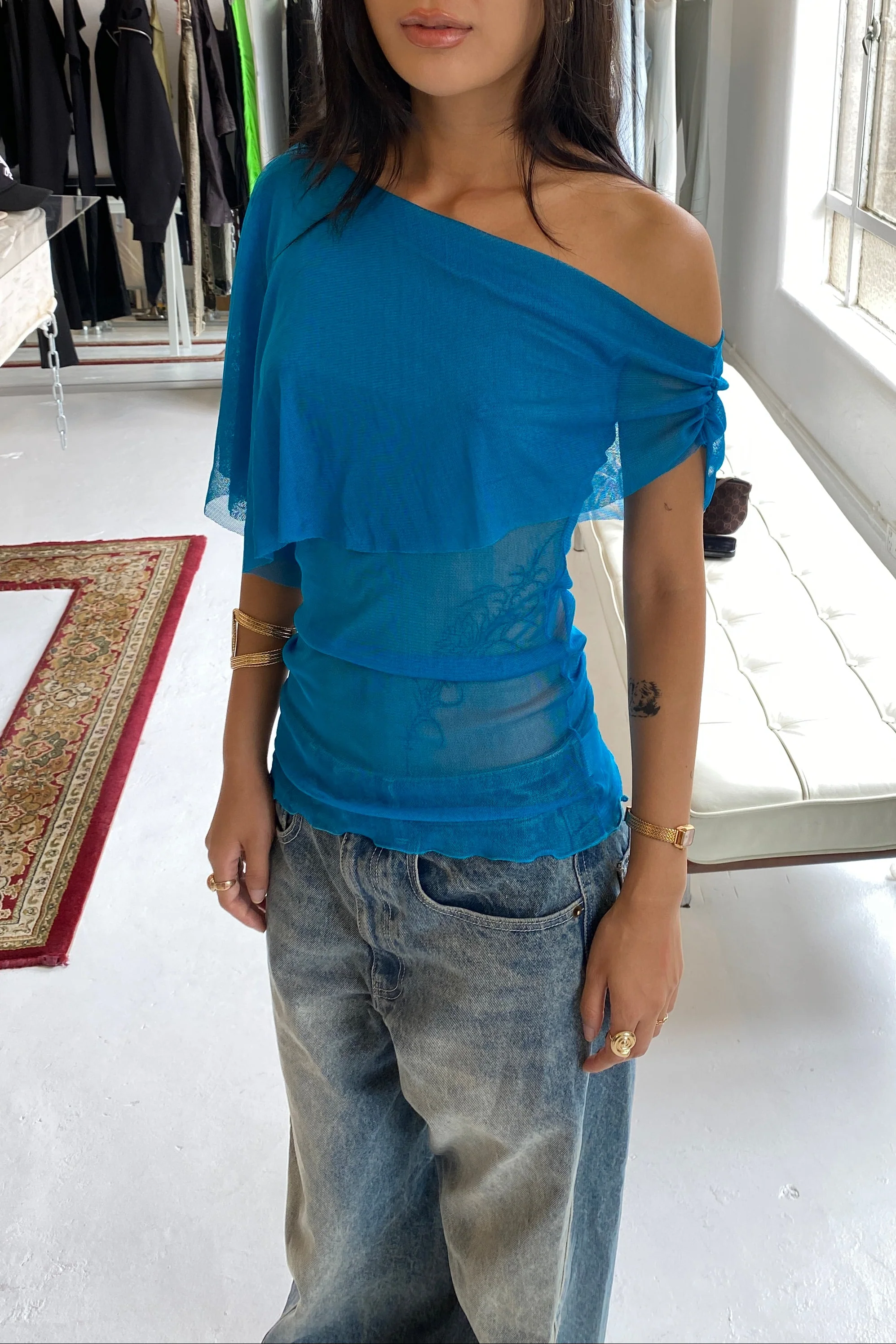 Silk Mesh Shawl Top / Teal or Bone - Image 3