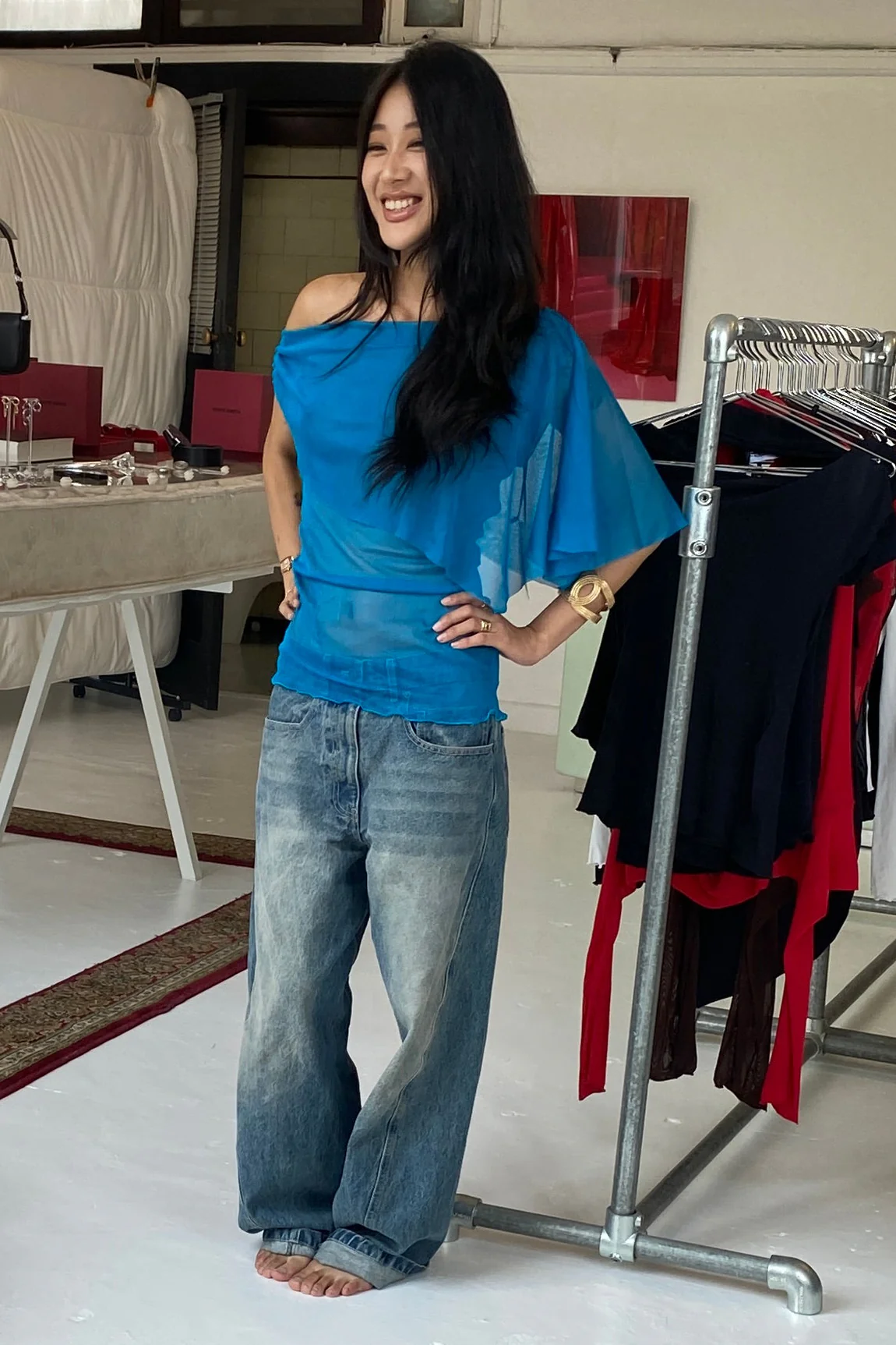 Silk Mesh Shawl Top / Teal or Bone - Image 5